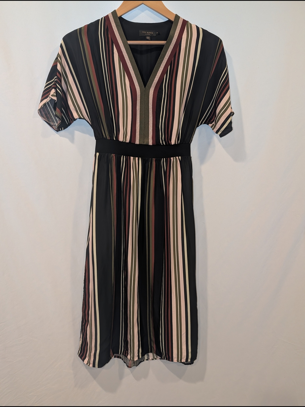 Ted Baker London Black Midi Dress with Cream, Pink and Olive Stripes